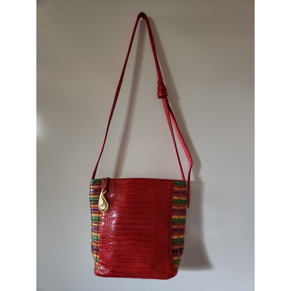 Vintage Sharif USA Purse Woven Leather Shoulder Bag Green Red Yellow 1980s - Picture 3 of 7
